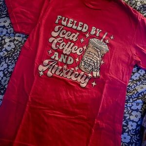 Gildan Red Graphic Tee with Iced Coffee Design